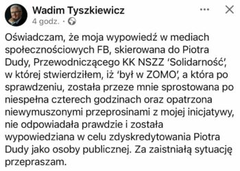 Tyszkiewicz przeprasza Piotra Dudę za hejterski wpis. Przeprosiny opublikował o 2.00 w nocy